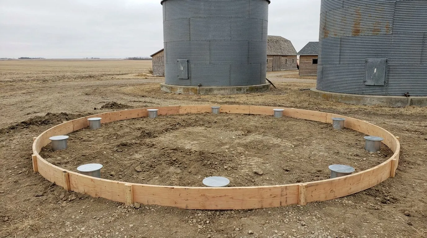 Corrugated steel grain bins in a prairie farm yard, with a new circular bin base being formed over evenly spaced steel pile heads in the foreground.