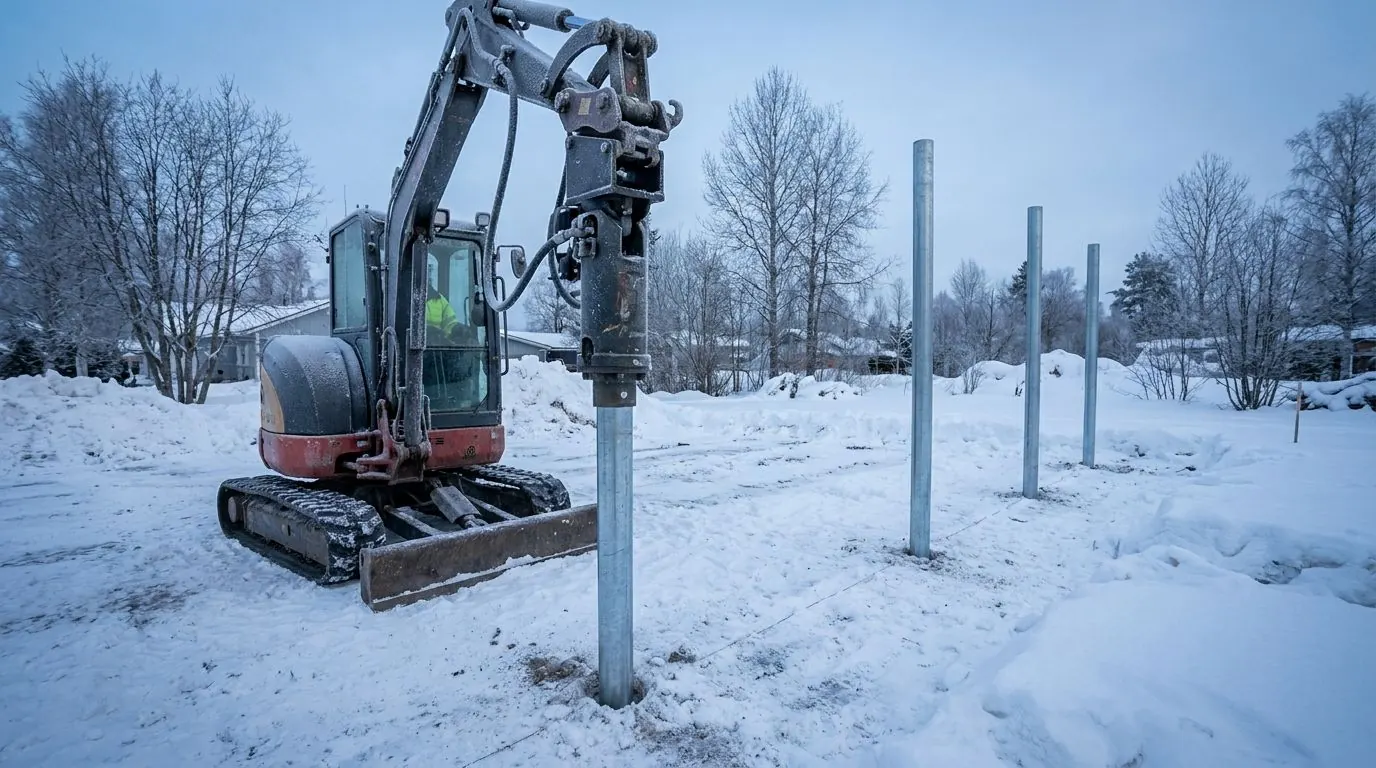 Tracked rig turning a steel pile into frozen ground under snow on a winter day.